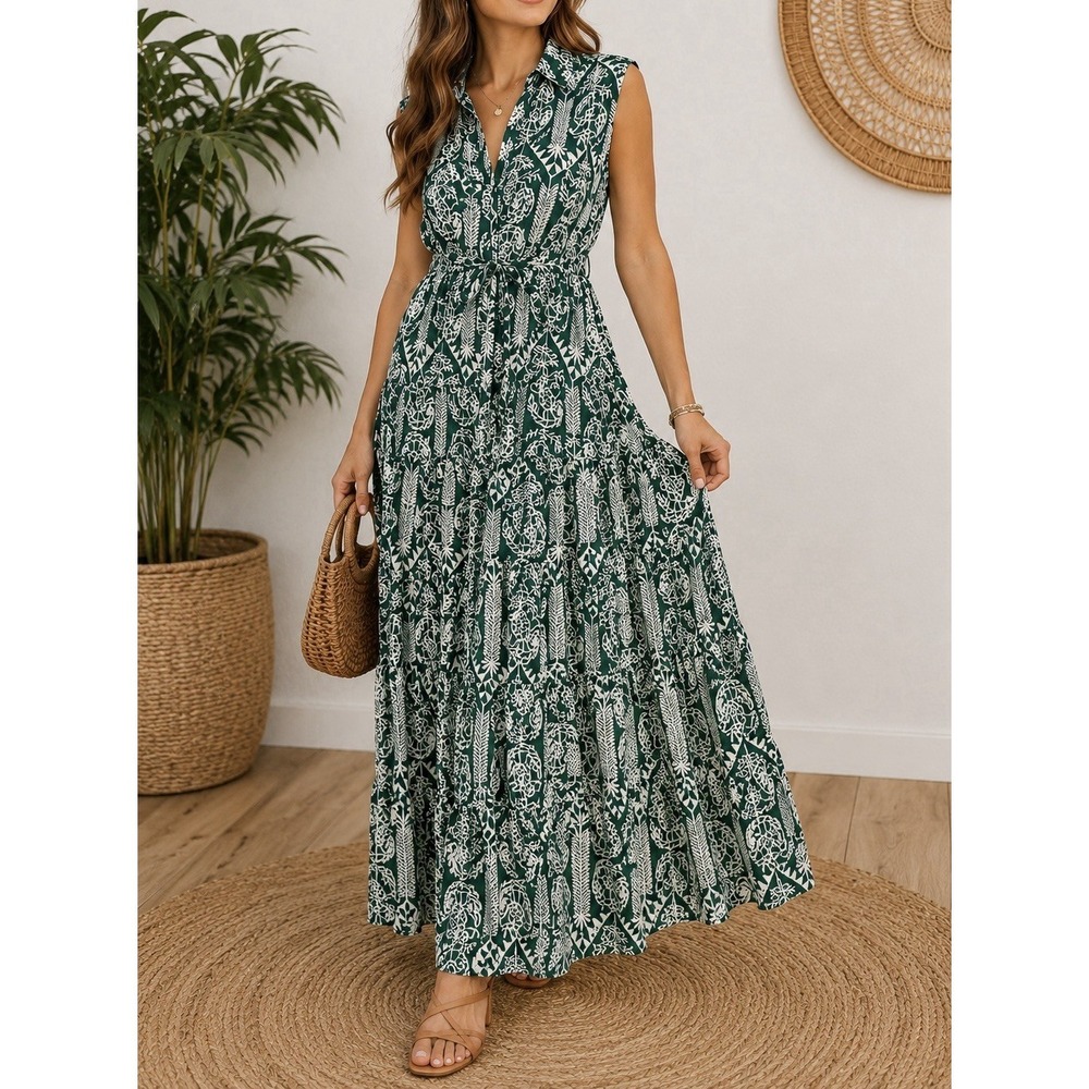 Pinch Green White Tropical Leaf Print Maxi Dress Women’s Medium Rayon